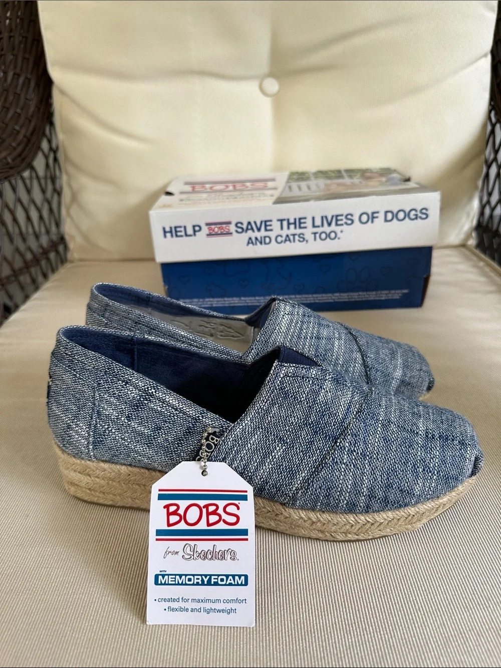BOBS Skechers NWT Highlights Set Sail Blue Woven Espadrille Memory Foam Slip-Ons
